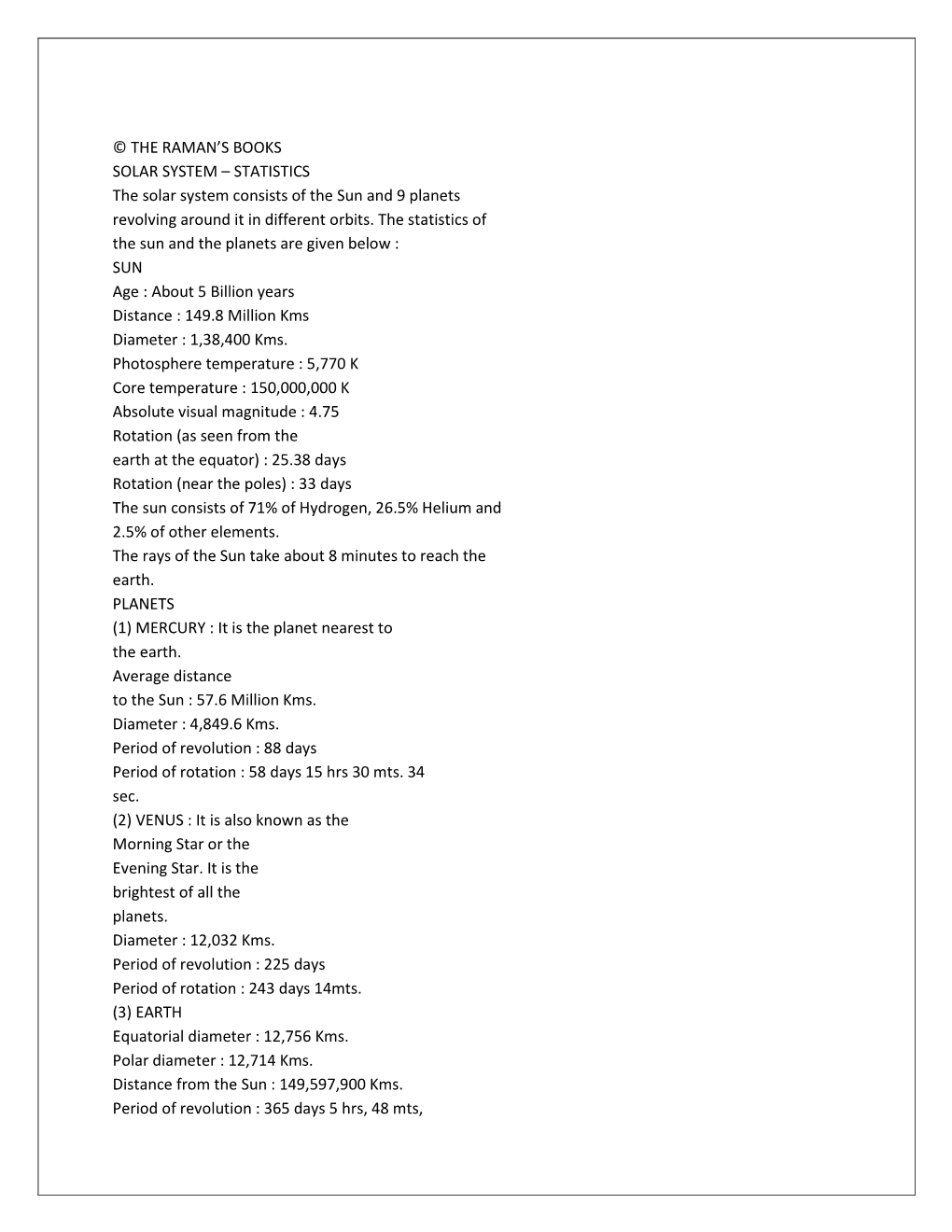 © the RAMAN's BOOKS SOLAR SYSTEM – STATISTICS the Solar