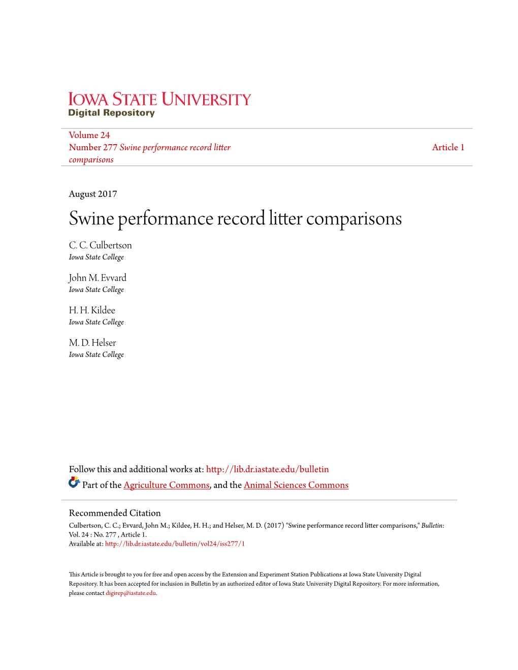 Swine Performance Record Litter Comparisons C