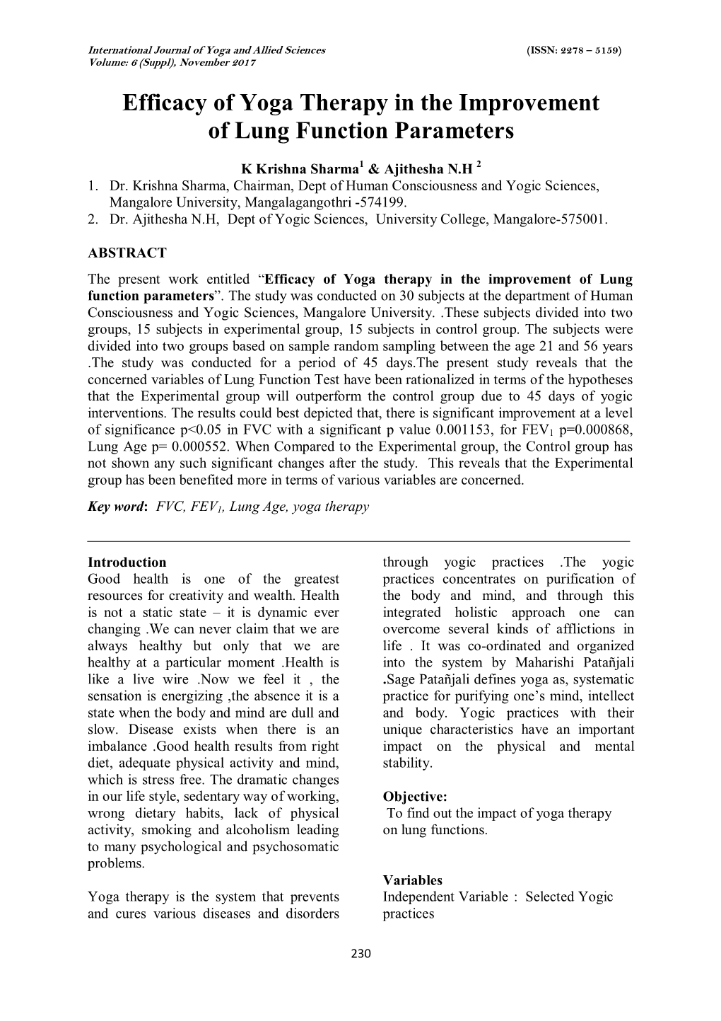 Efficacy of Yoga Therapy in the Improvement of Lung Function Parameters