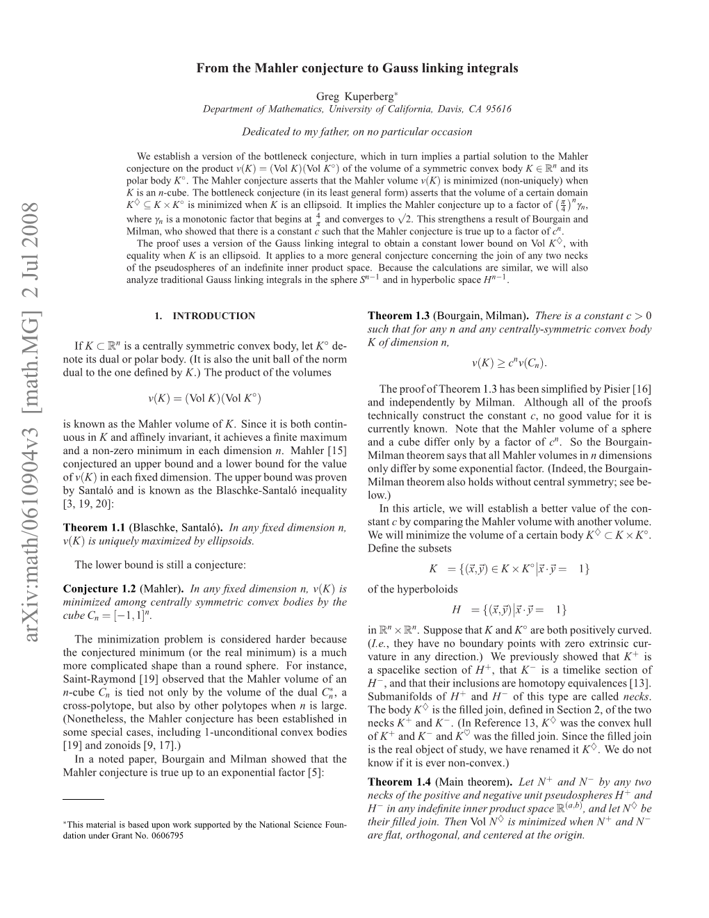 Arxiv:Math/0610904V3 [Math.MG] 2 Jul 2008