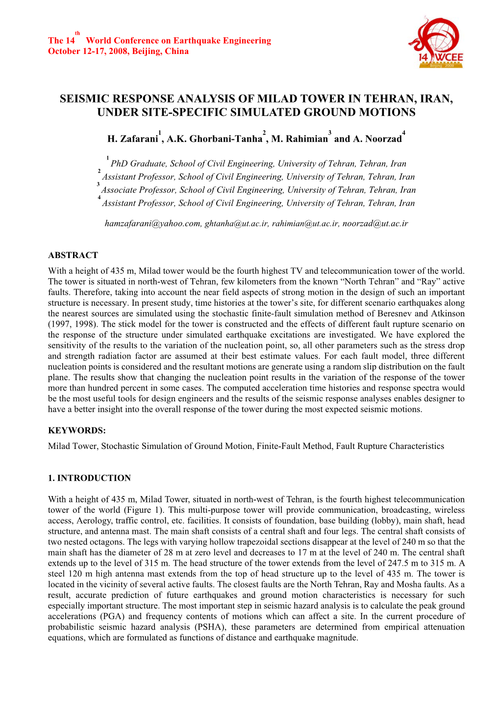 Seismic Response Analysis of Milad Tower in Tehran, Iran, Under Site-Specific Simulated Ground Motions