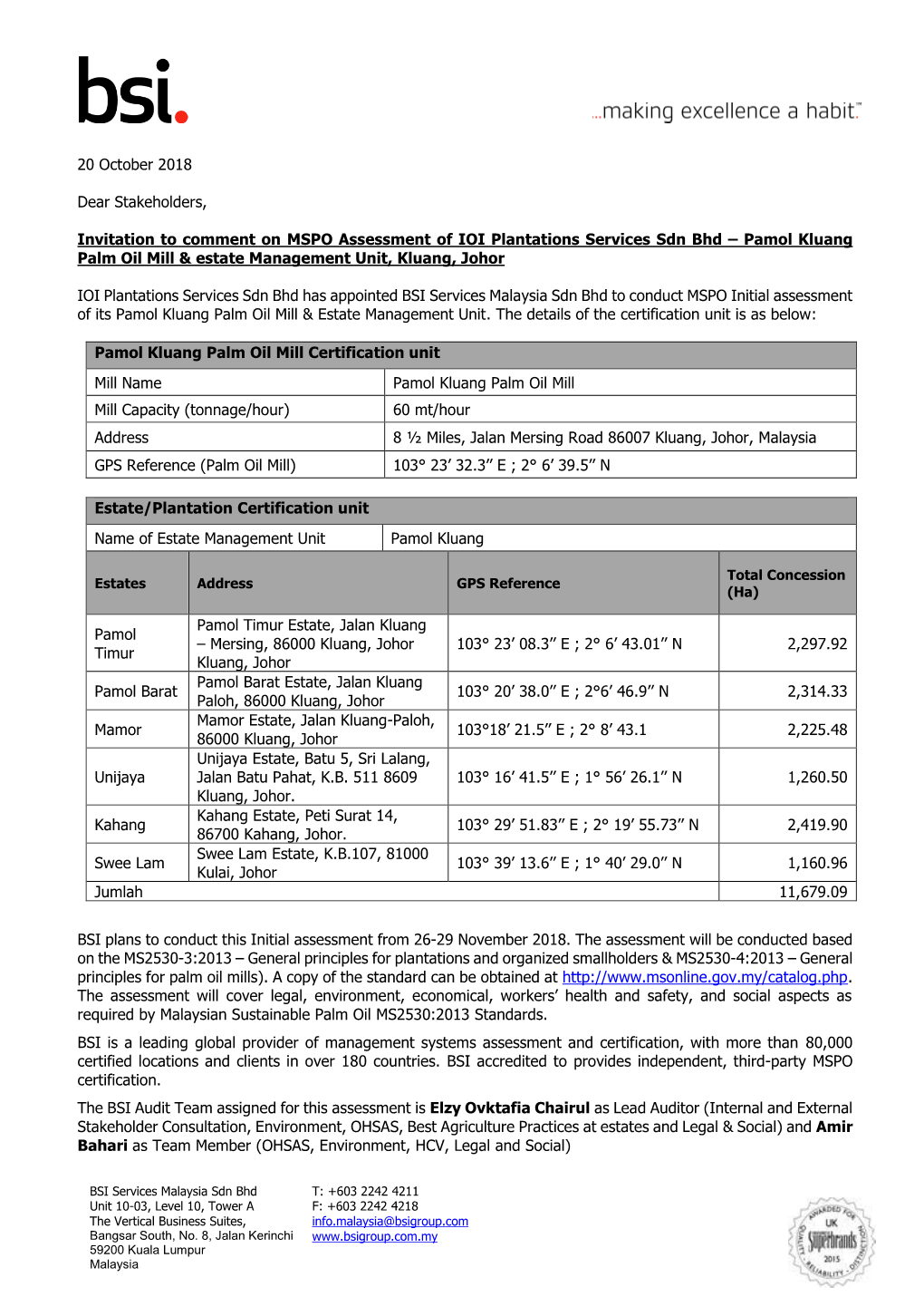 Pamol Kluang Palm Oil Mill & Estate Management Unit, Kluang, Johor