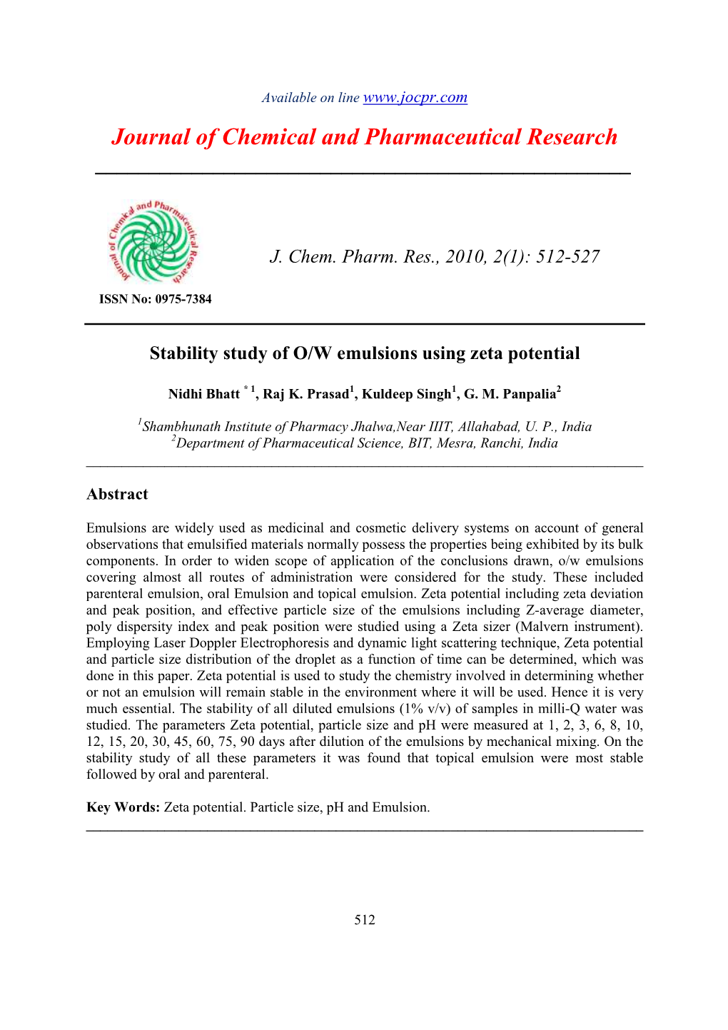 Stability Study of O/W Emulsions Using Zeta Potential