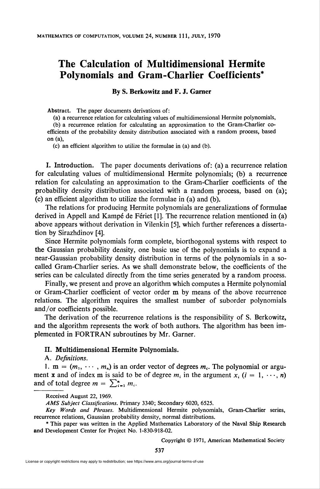 The Calculation of Multidimensional Hermite Polynomials and Gram-Charlier Coefficients*