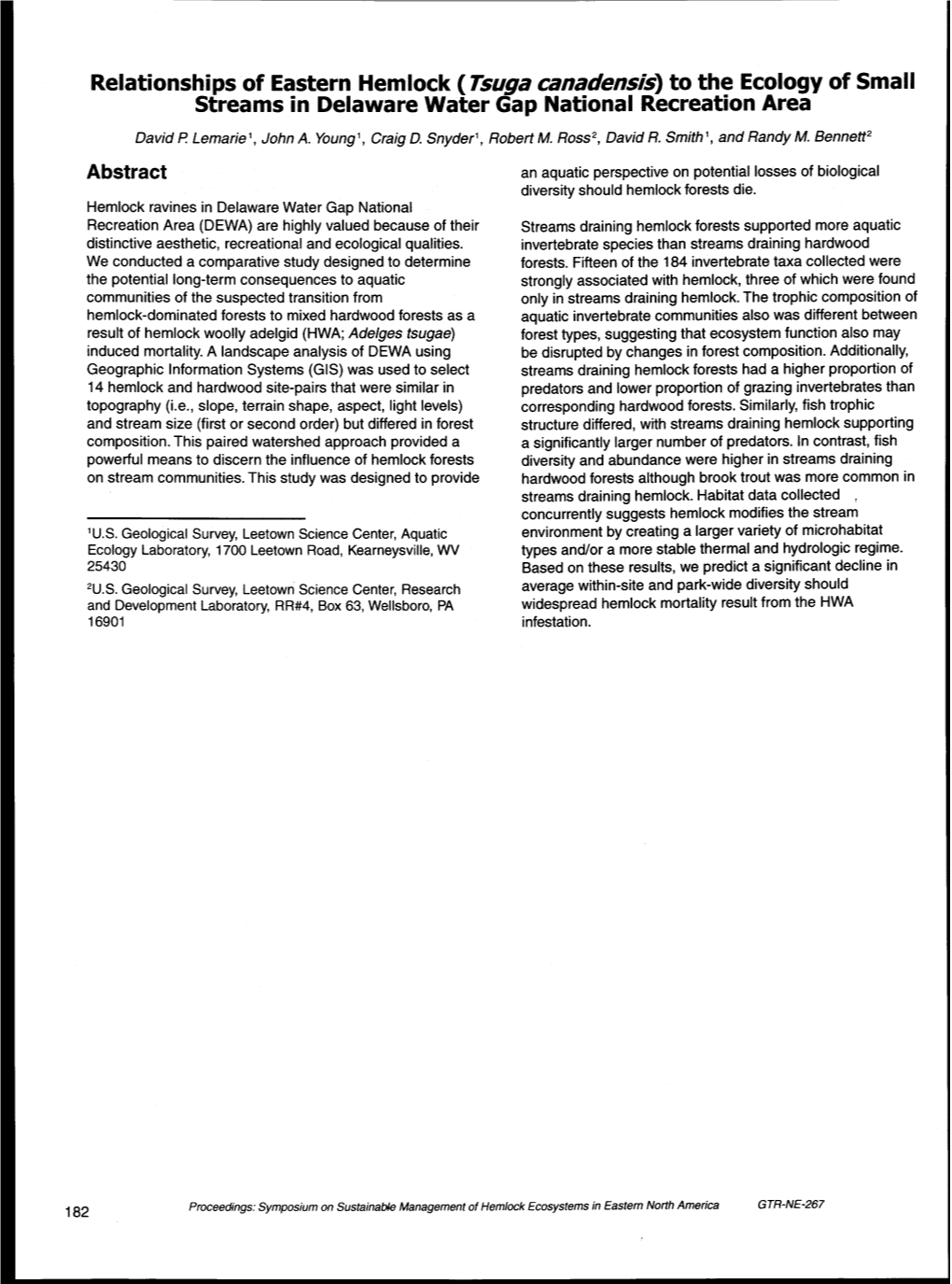 Relationships of Eastern Hemlock (Tsuga Canadensis) to the Ecology of Small Streams in Delaware Water Gap National Recreation Area