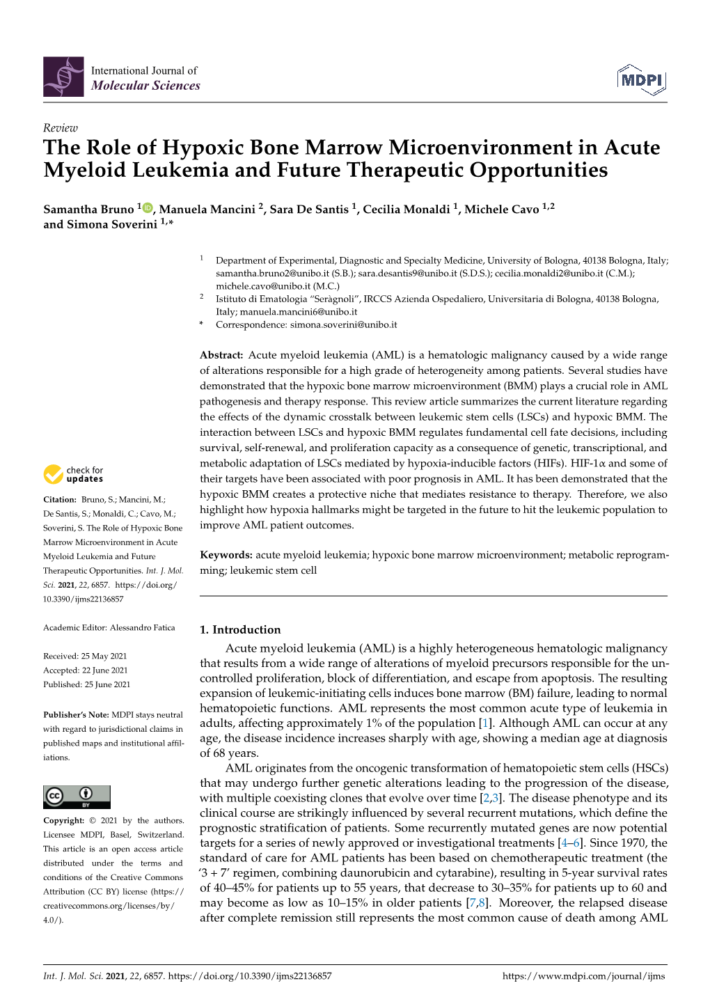 The Role of Hypoxic Bone Marrow Microenvironment in Acute Myeloid Leukemia and Future Therapeutic Opportunities