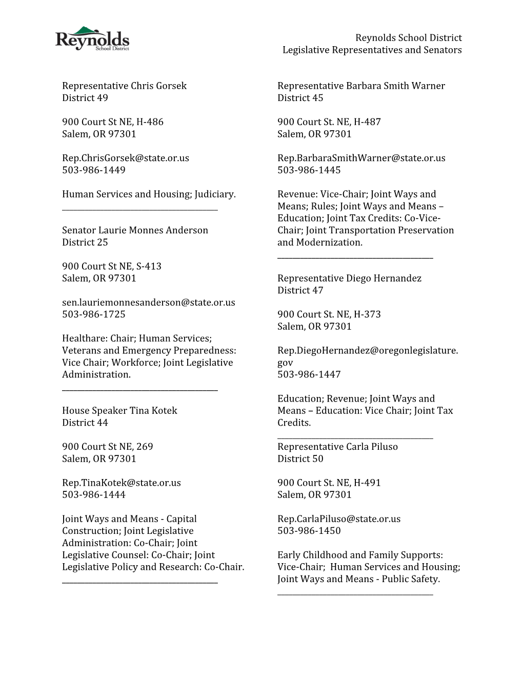 Reynolds School District Legislative Representatives and Senators