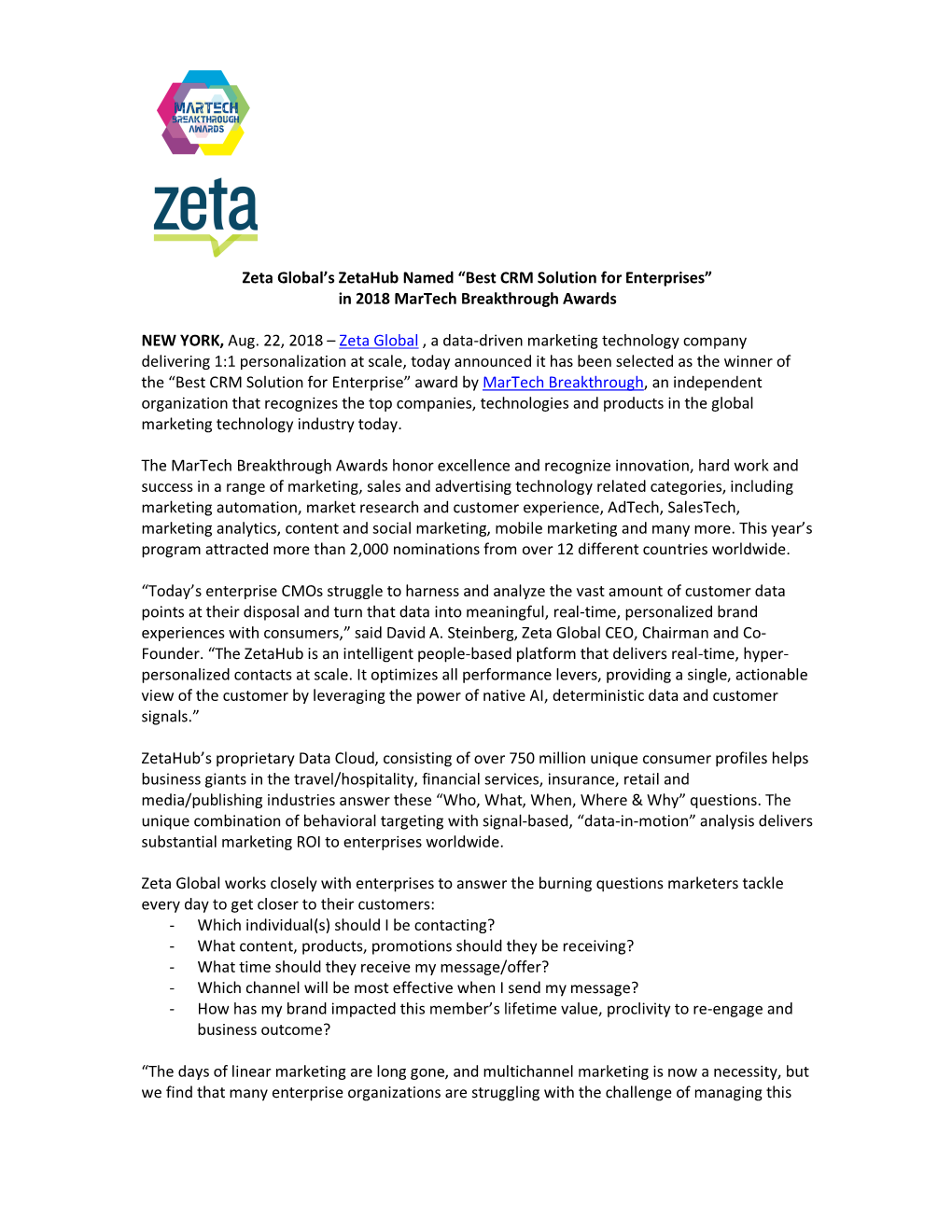 Zeta Global's Zetahub Named “Best CRM Solution for Enterprises” In