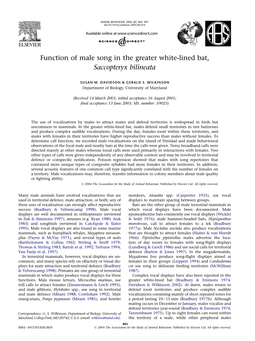 Function of Male Song in the Greater White-Lined Bat, Saccopteryx Bilineata