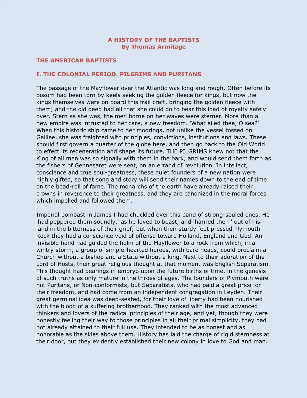 Full Text, a History of the Baptists, Thomas Armitage