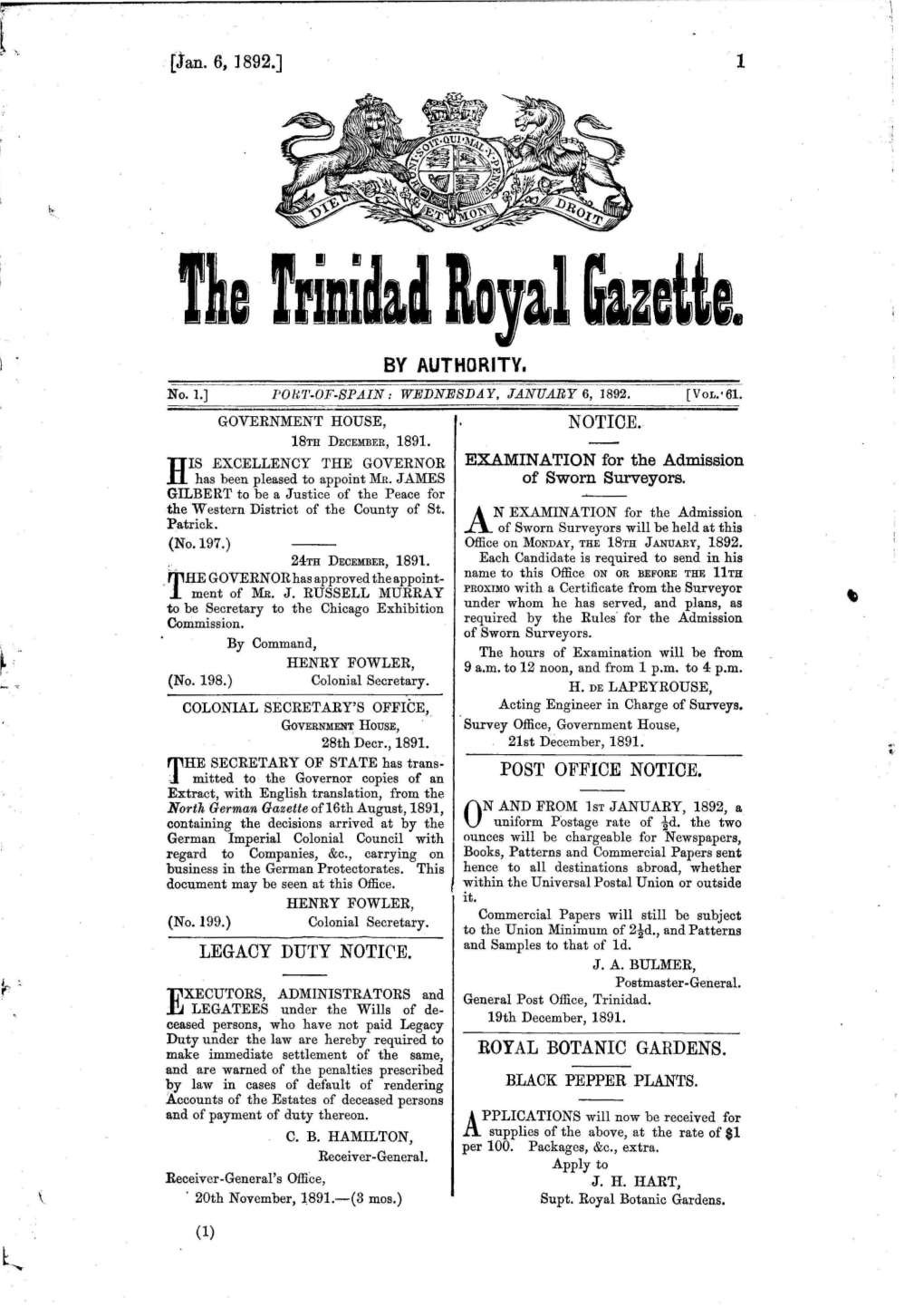 The Rrinidid Royal Gazette. by AUTHORITV