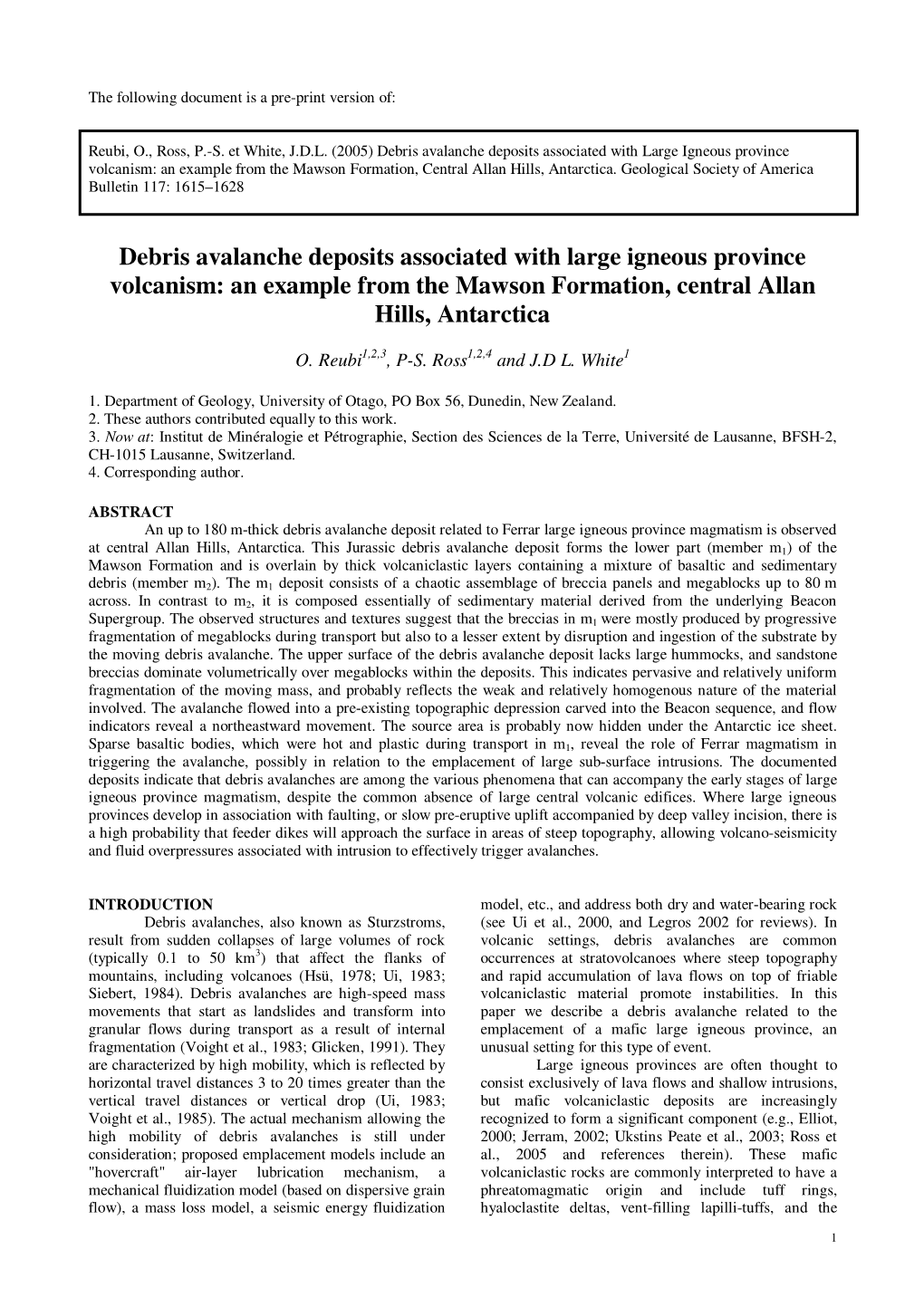 Debris Avalanche Deposits Associated with Large Igneous Province Volcanism: an Example from the Mawson Formation, Central Allan Hills, Antarctica