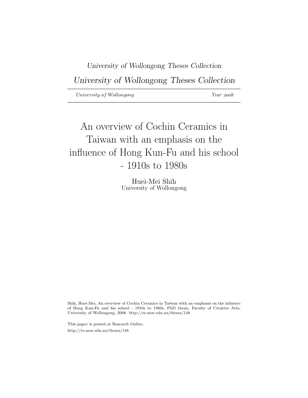 An Overview of Cochin Ceramics in Taiwan with an Emphasis on the Influence of Hong Kun-Fu and His School