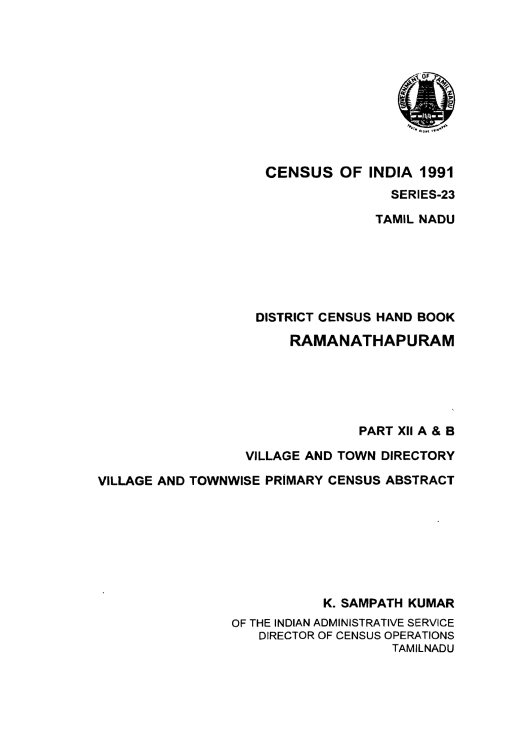 District Census Handbook, Ramanathapuram, Part XII-A & B