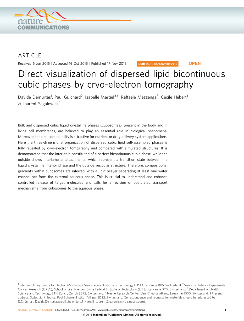 Direct Visualization of Dispersed Lipid Bicontinuous Cubic Phases by Cryo-Electron Tomography