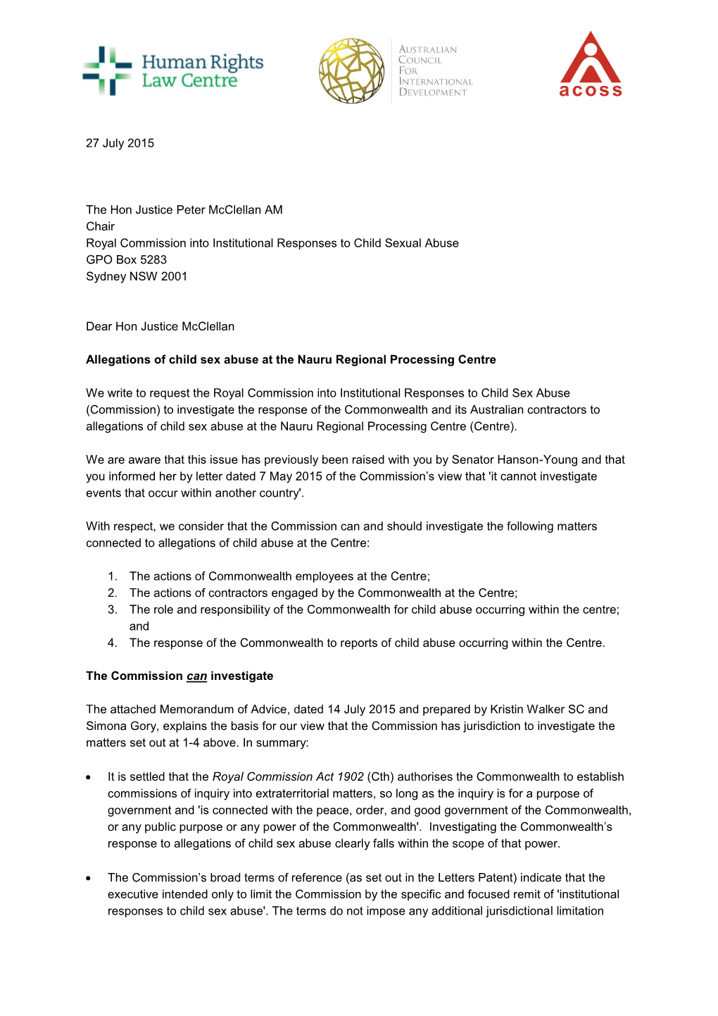 27 July 2015 the Hon Justice Peter Mcclellan AM Chair Royal Commission Into Institutional Responses to Child Sexual Abuse