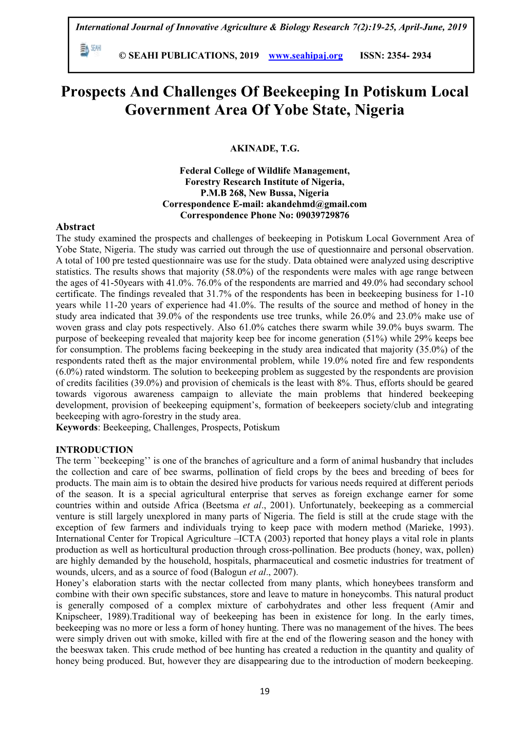 Prospects and Challenges of Beekeeping in Potiskum Local Government Area of Yobe State, Nigeria