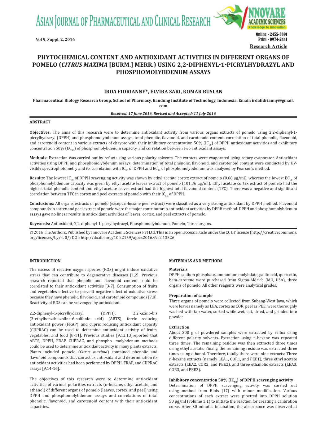 Phytochemical Content and Antioxidant Activities in Different Organs Of