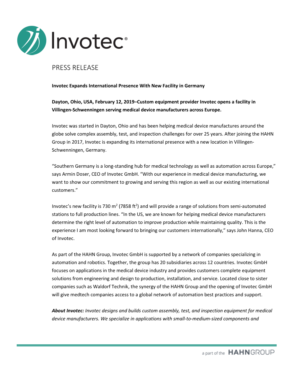 Invotec Expands International Presence with New Facility in Germany