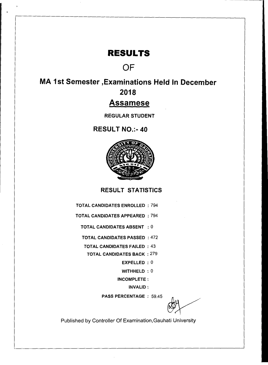 RESULTS of MA 1St Semester ,Examinations Held in December 2018 Assamese