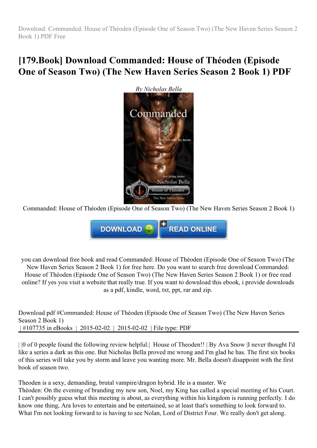 Download Commanded: House of Théoden (Episode One of Season Two) (The New Haven Series Season 2 Book 1) PDF