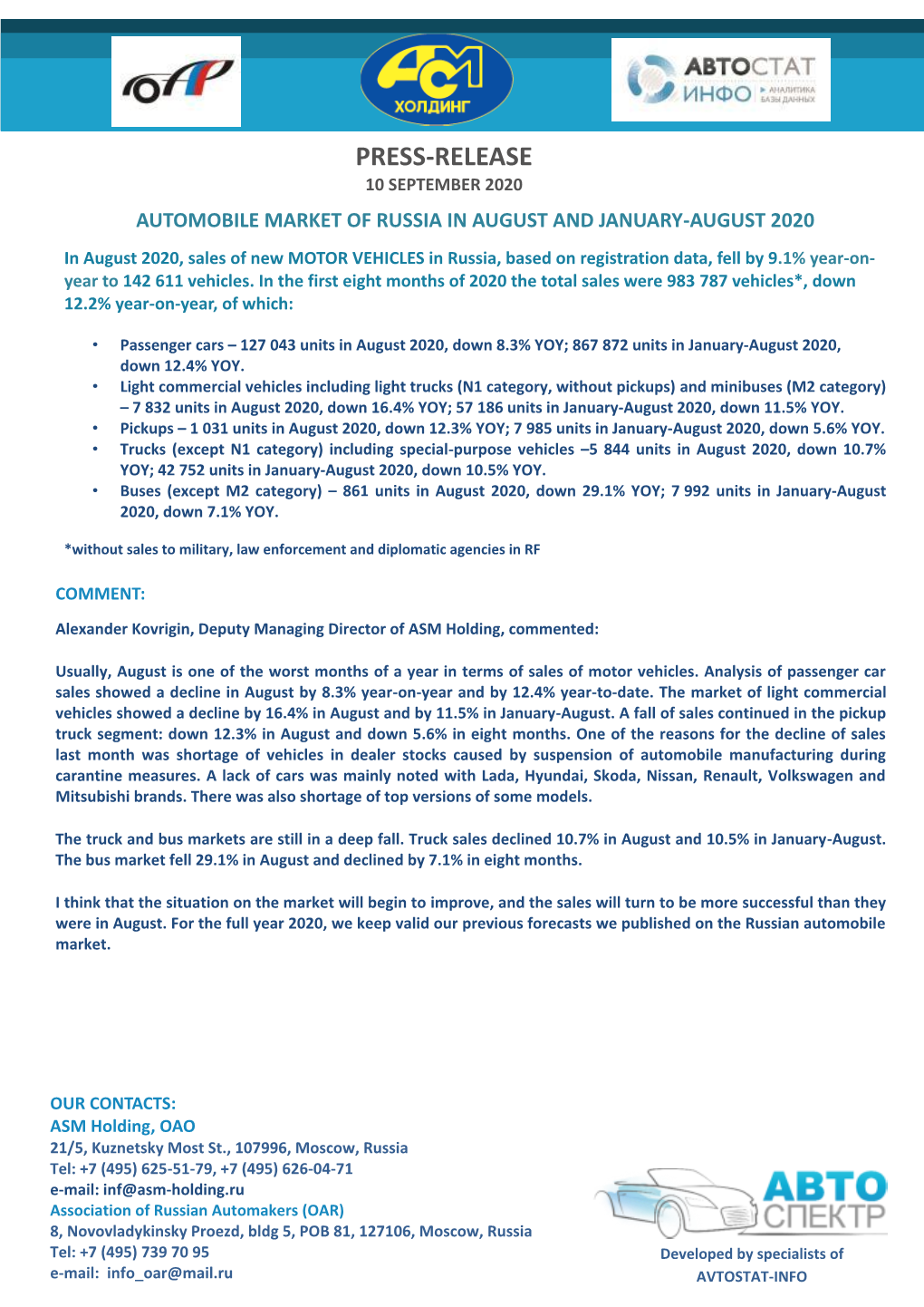 Passenger Cars – 127 043 Units in August 2020, Down 8.3% YOY; 867 872 Units in January-August 2020, Down 12.4% YOY