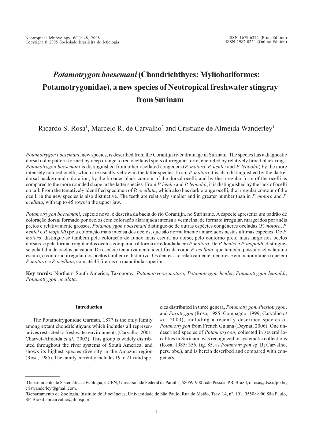 Potamotrygon Boesemani(Chondrichthyes: Myliobatiformes: Potamotrygonidae), a New Species of Neotropical Freshwater Stingray From