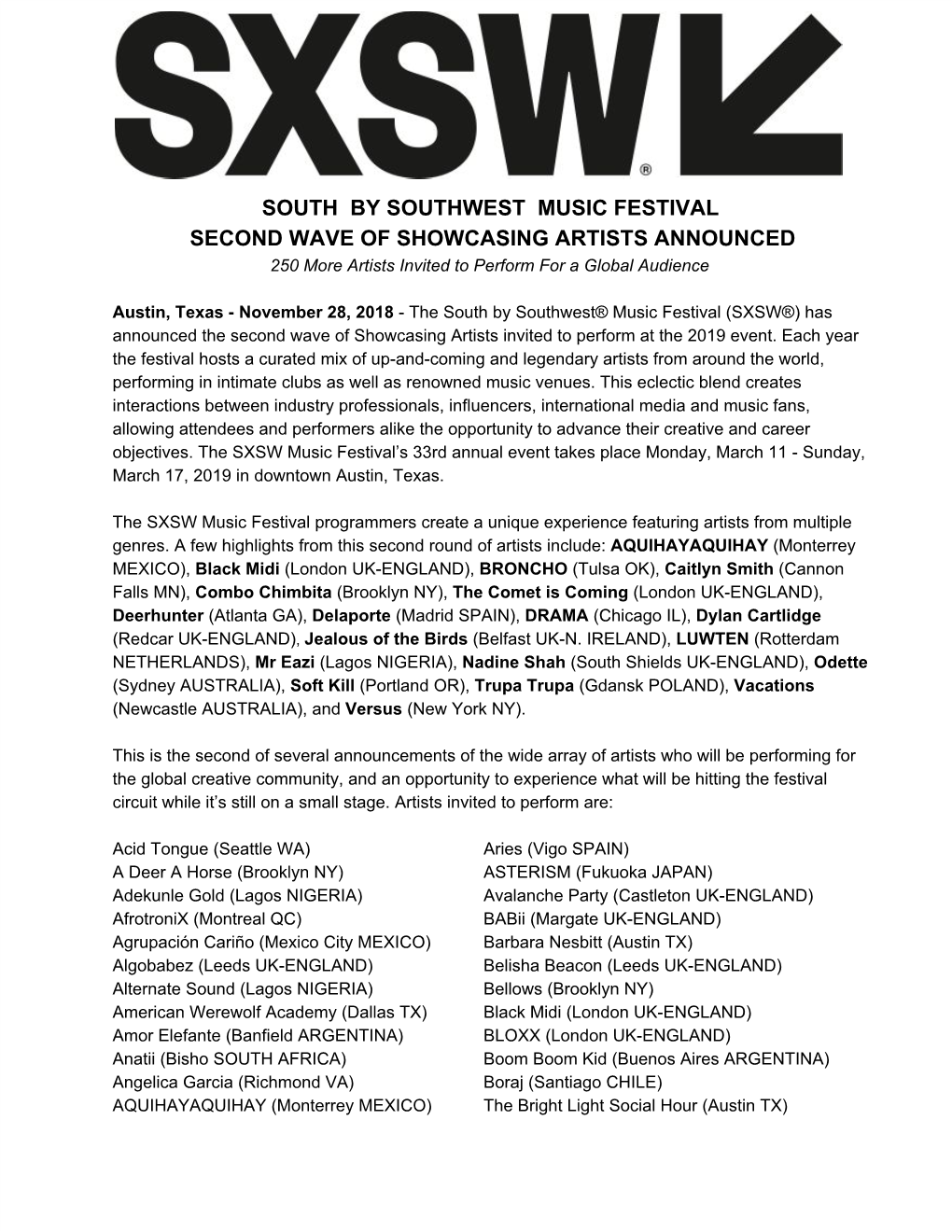 Second Wave of Showcasing Artists Announced for SXSW Music Festival