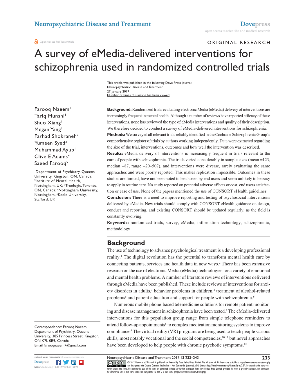 A Survey of Emedia-Delivered Interventions for Schizophrenia Used in Randomized Controlled Trials