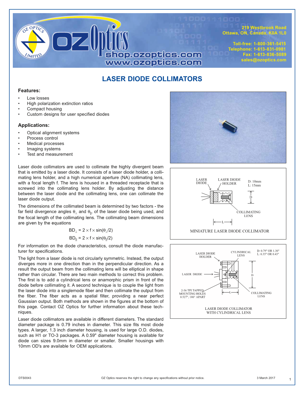 DTS0043 OZ Optics Reserves the Right to Change Any Specifications Without Prior Notice