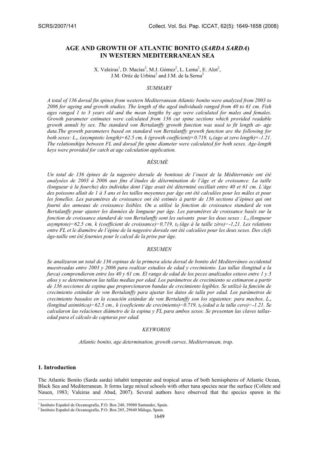 Age and Growth of Atlantic Bonito (Sarda Sarda) in Western Mediterranean Sea