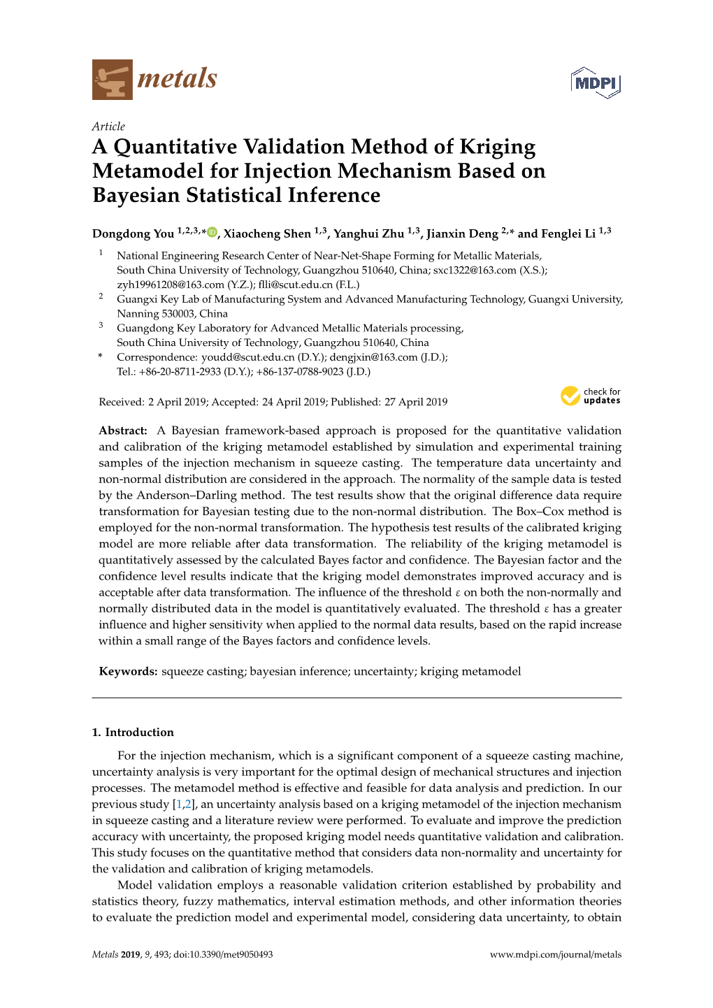 A Quantitative Validation Method of Kriging Metamodel for Injection Mechanism Based on Bayesian Statistical Inference