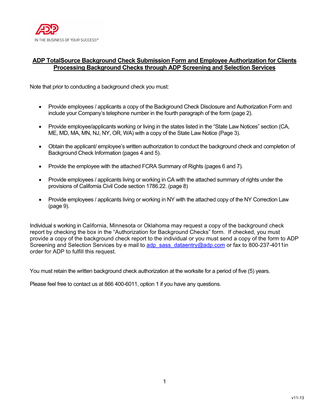 ADP Totalsource Background Check Submission Form and Employee Authorization for Clients Processing Background Checks Through ADP Screening and Selection Services