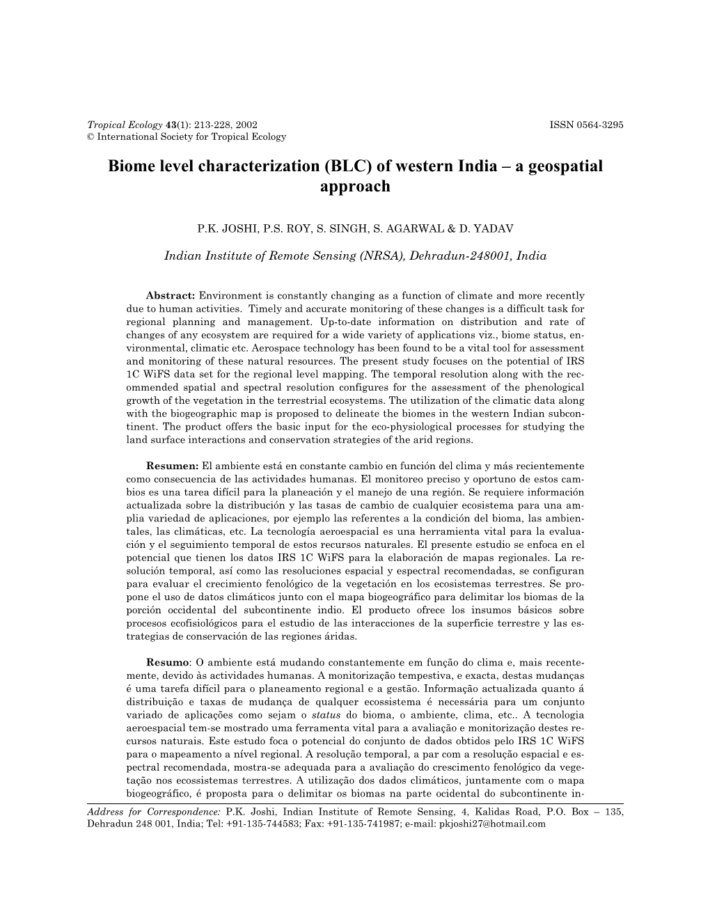 Biome Level Characterization (BLC) of Western India – a Geospatial Approach