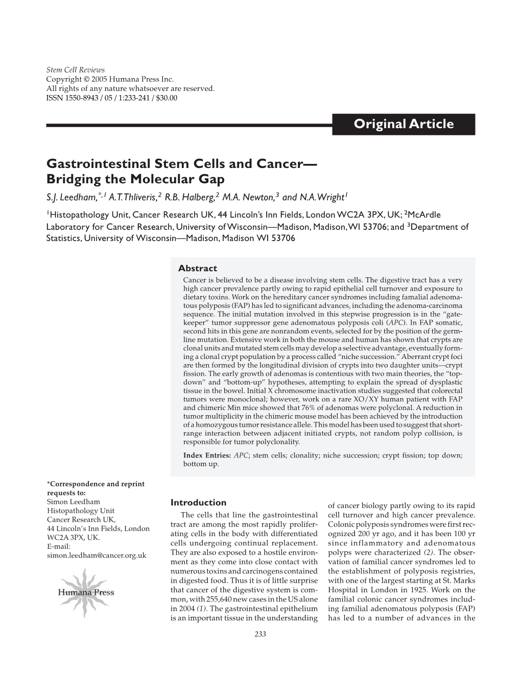 Original Article Gastrointestinal Stem Cells and Cancer