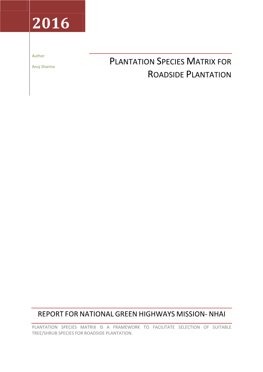 Plantation Species Matrix for Roadside Plantation