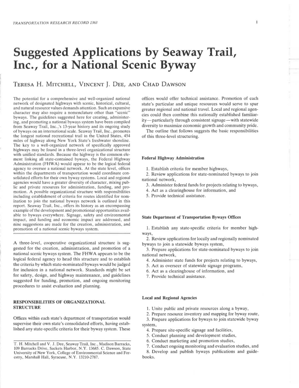 Suggested Applications by Seaway Trail, Inc., for a National Scenic Byway