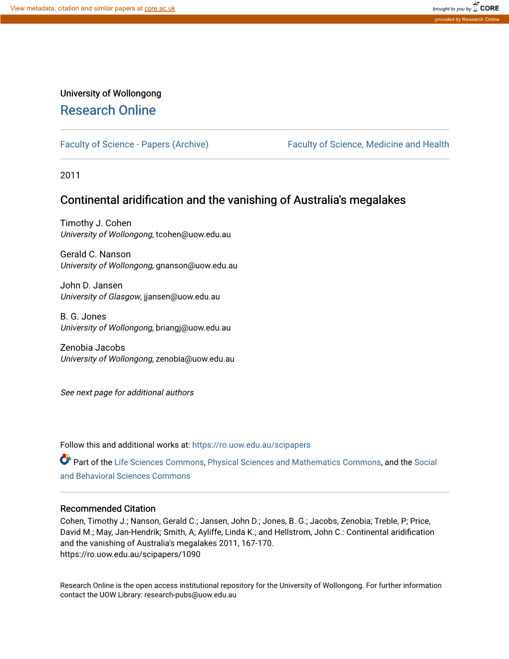 Continental Aridification and the Vanishing of Australia's Megalakes 2011, 167-170