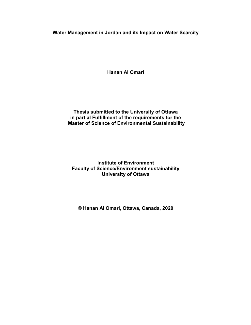 Water Management in Jordan and Its Impact on Water Scarcity Hanan Al