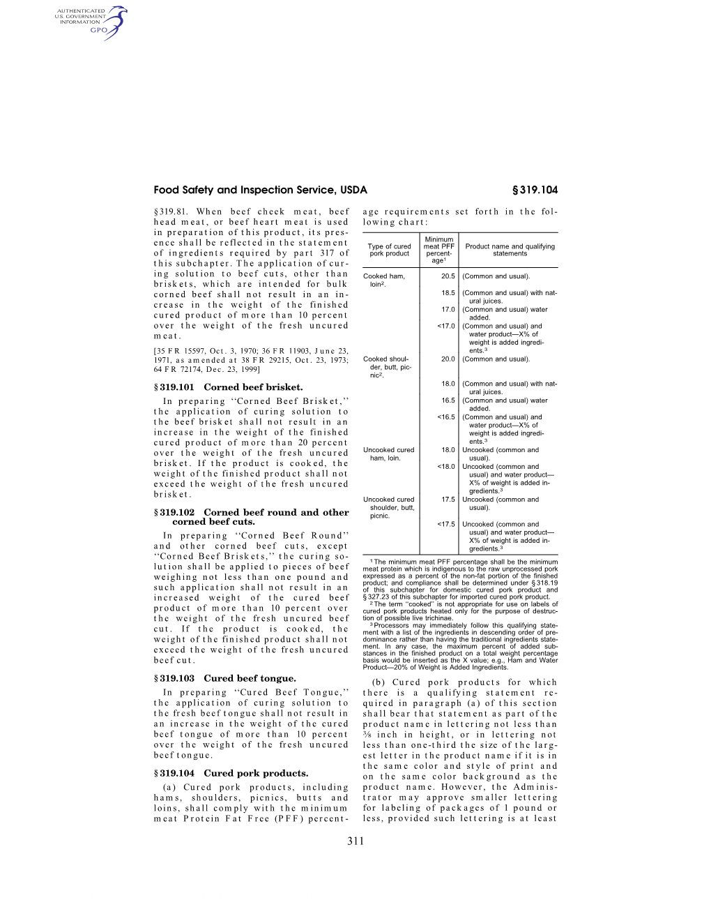 Food Safety and Inspection Service, USDA § 319.104