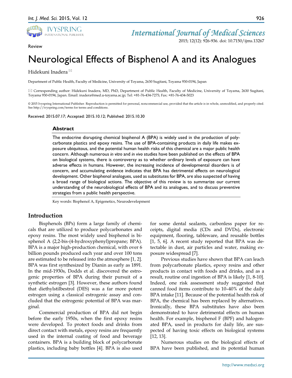 Neurological Effects of Bisphenol a and Its Analogues Hidekuni Inadera 