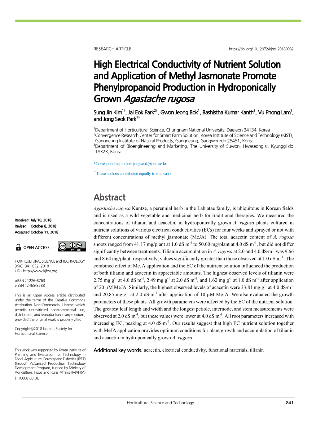 High Electrical Conductivity of Nutrient Solution and Application of Methyl Jasmonate Promote Phenylpropanoid Production in Hydroponically Grown Agastache Rugosa