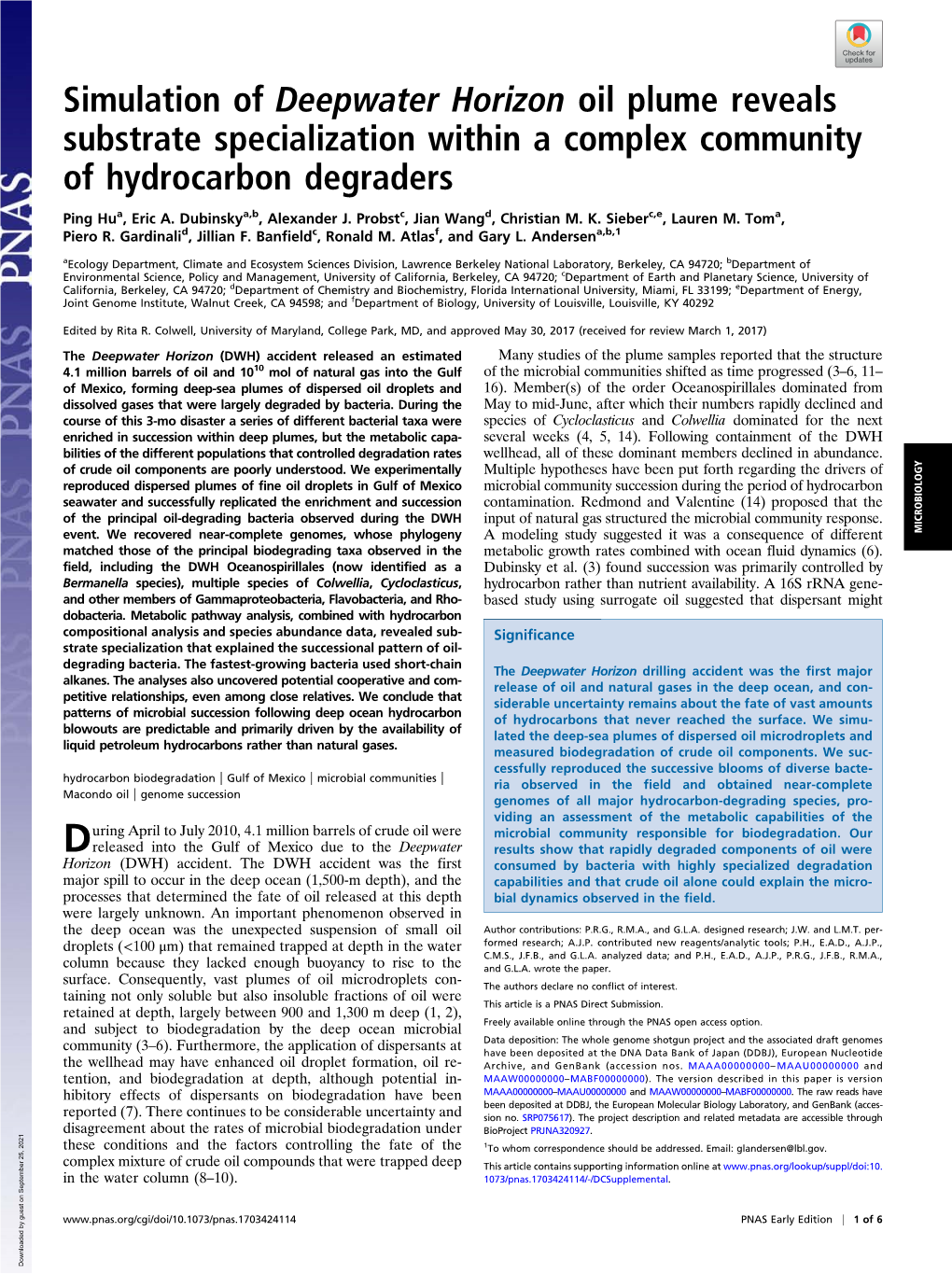 Simulation of Deepwater Horizon Oil Plume Reveals Substrate Specialization Within a Complex Community of Hydrocarbon Degraders