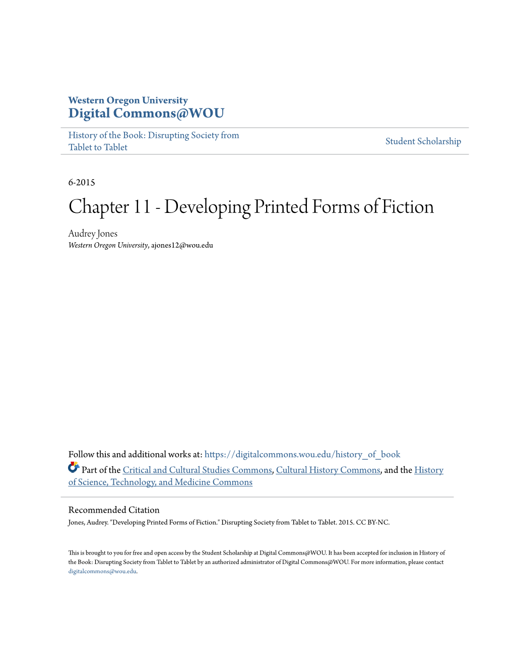 Chapter 11 - Developing Printed Forms of Fiction Audrey Jones Western Oregon University, Ajones12@Wou.Edu