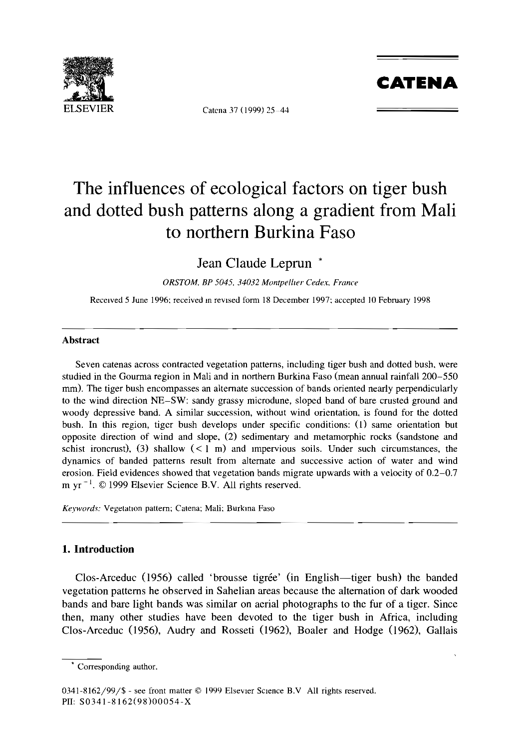 The Influences of Ecological Factors on Tiger Bush and Dotted Bush Patterns Along a Gradient from Mali to Northern Burkina Faso