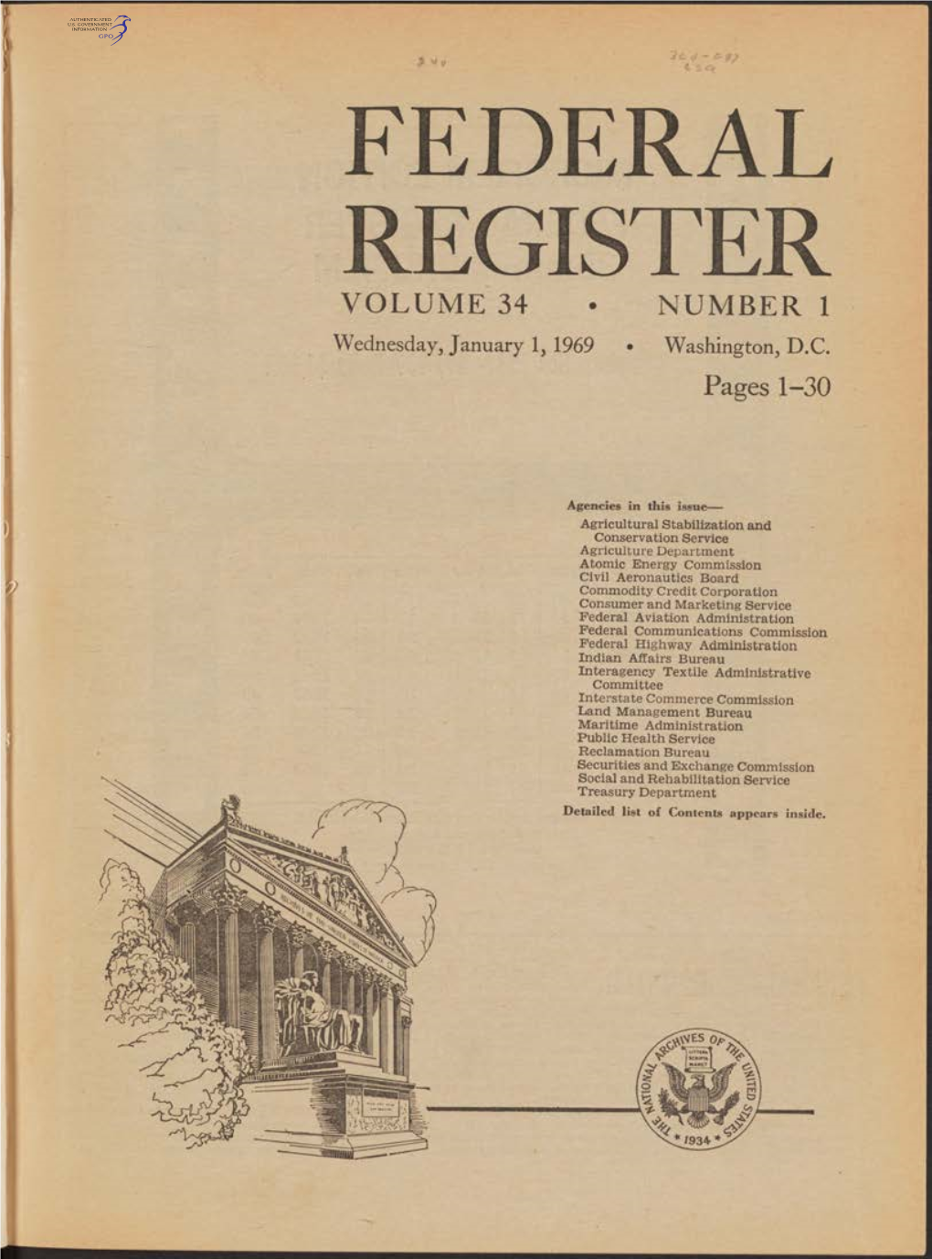 FEDERAL REGISTER VOLUME 34 • NUMBER 1 Wednesday, January 1, 1969 • Washington, D.C