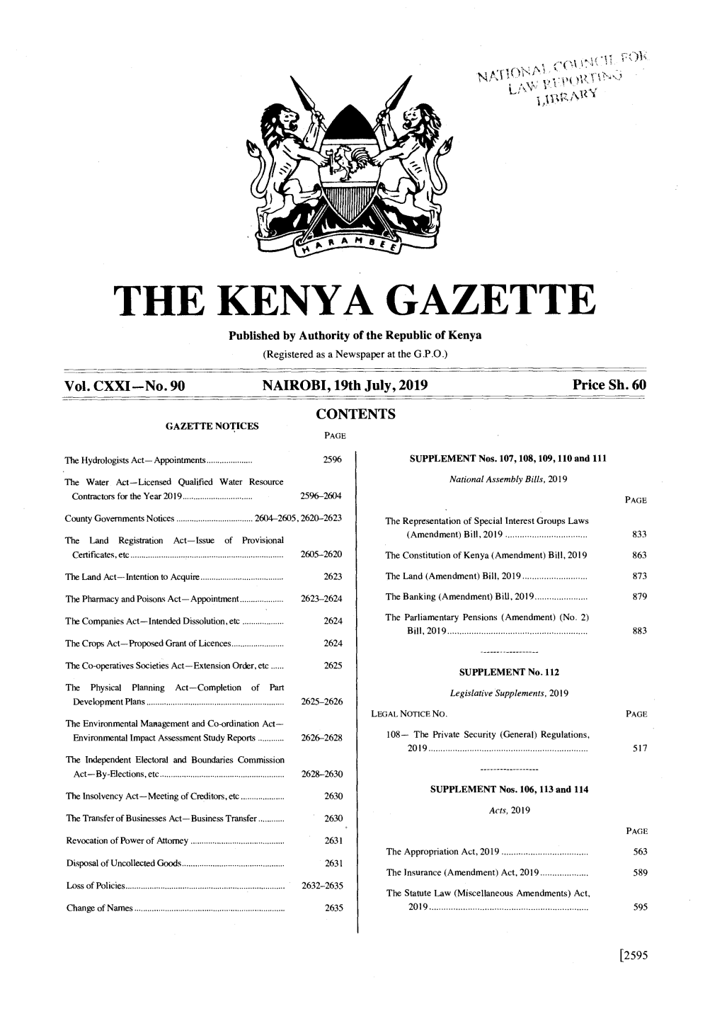 THE KENYA GAZETTE Published by Authority of the Republic of Kenya (Registered As a Newspaper at the G.P.O.) � Vol