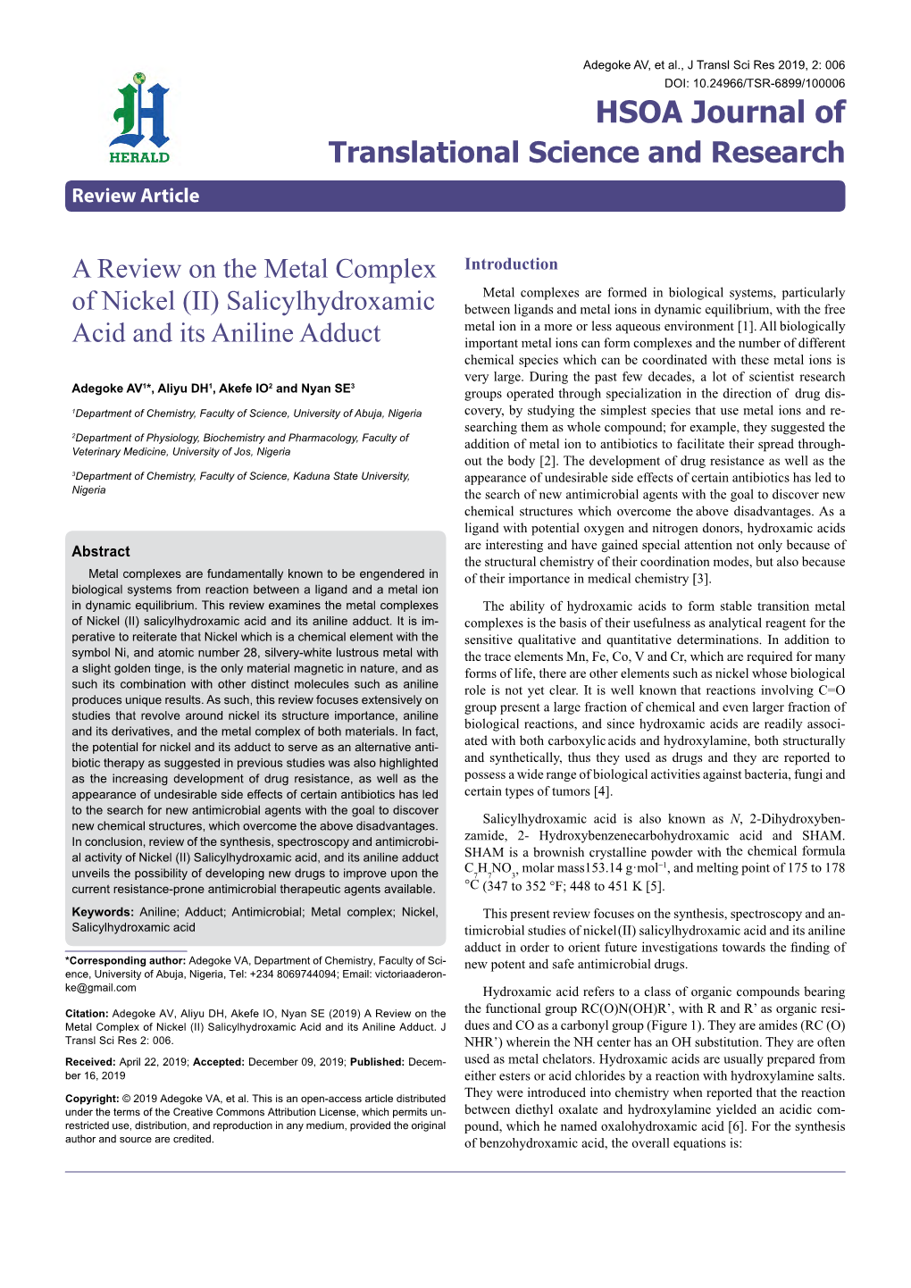 A Review on the Metal Complex of Nickel (II) Salicylhydroxamic Acid and Its Aniline Adduct