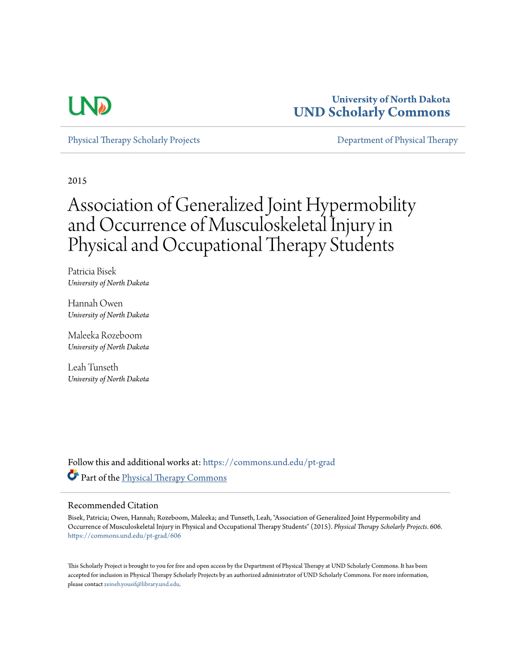 Association of Generalized Joint Hypermobility and Occurrence of Musculoskeletal Injury in Physical and Occupational Therapy