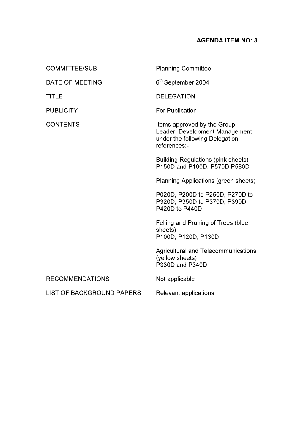 AGENDA ITEM NO: 3 COMMITTEE/SUB Planning Committee DATE of MEETING 6Th September 2004 TITLE DELEGATION PUBLICITY for Public